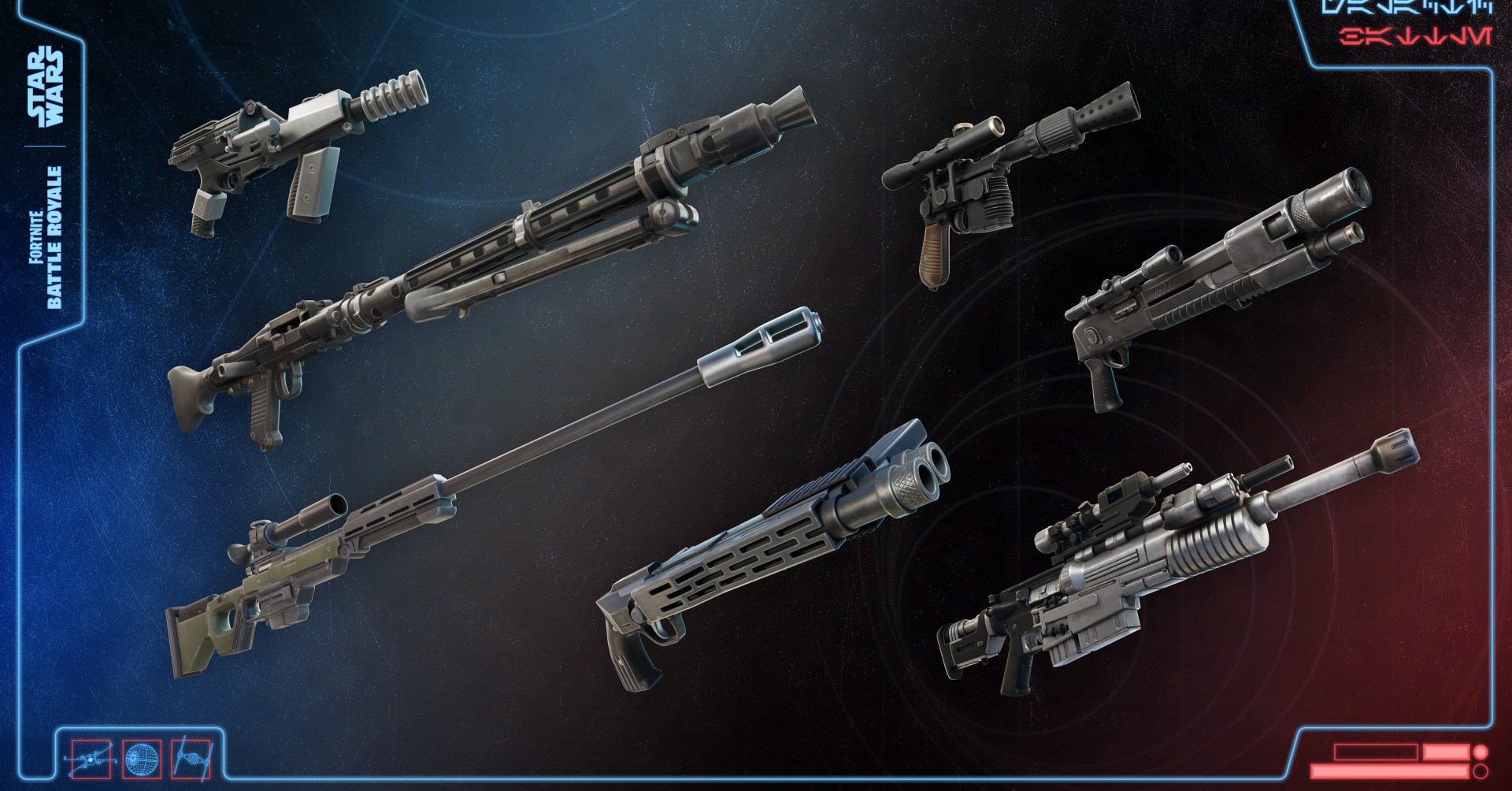 Fortnite Chapter 6 Season 3 weapons against a Star Wars background