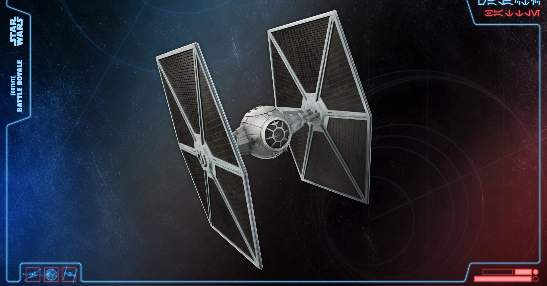 Tie Fighter flies against a Fortnite background