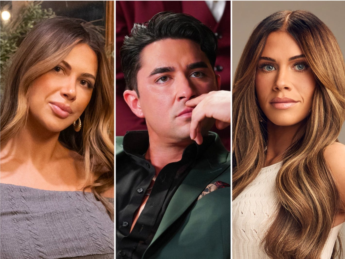 Stills from "The Secret Lives of Mormon Wives" and "Vanderpump Villa" showing Demi Engemann, Marciano Brunette, and Jessi Ngatikaura.