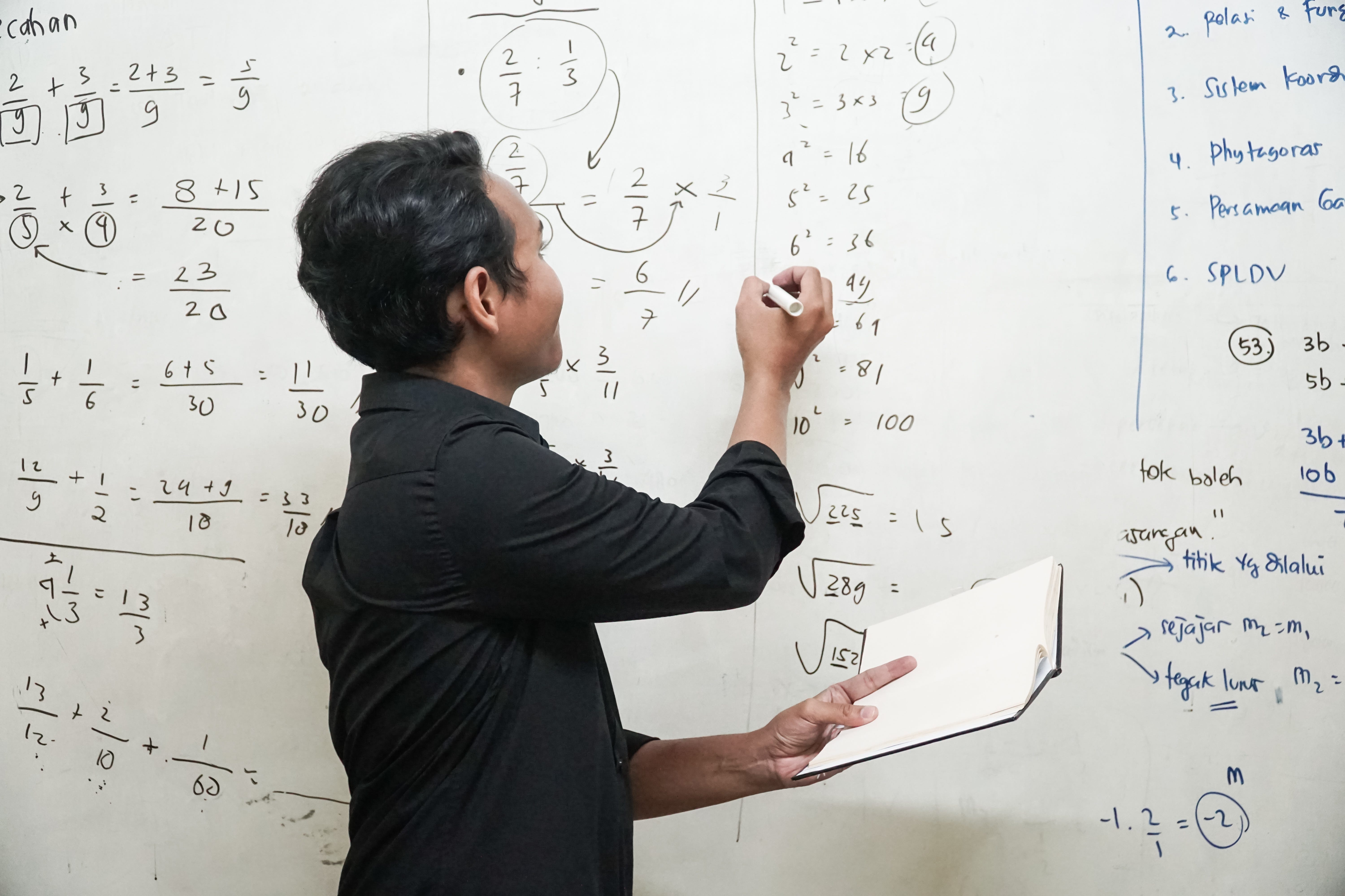 child at white board covered in math problems