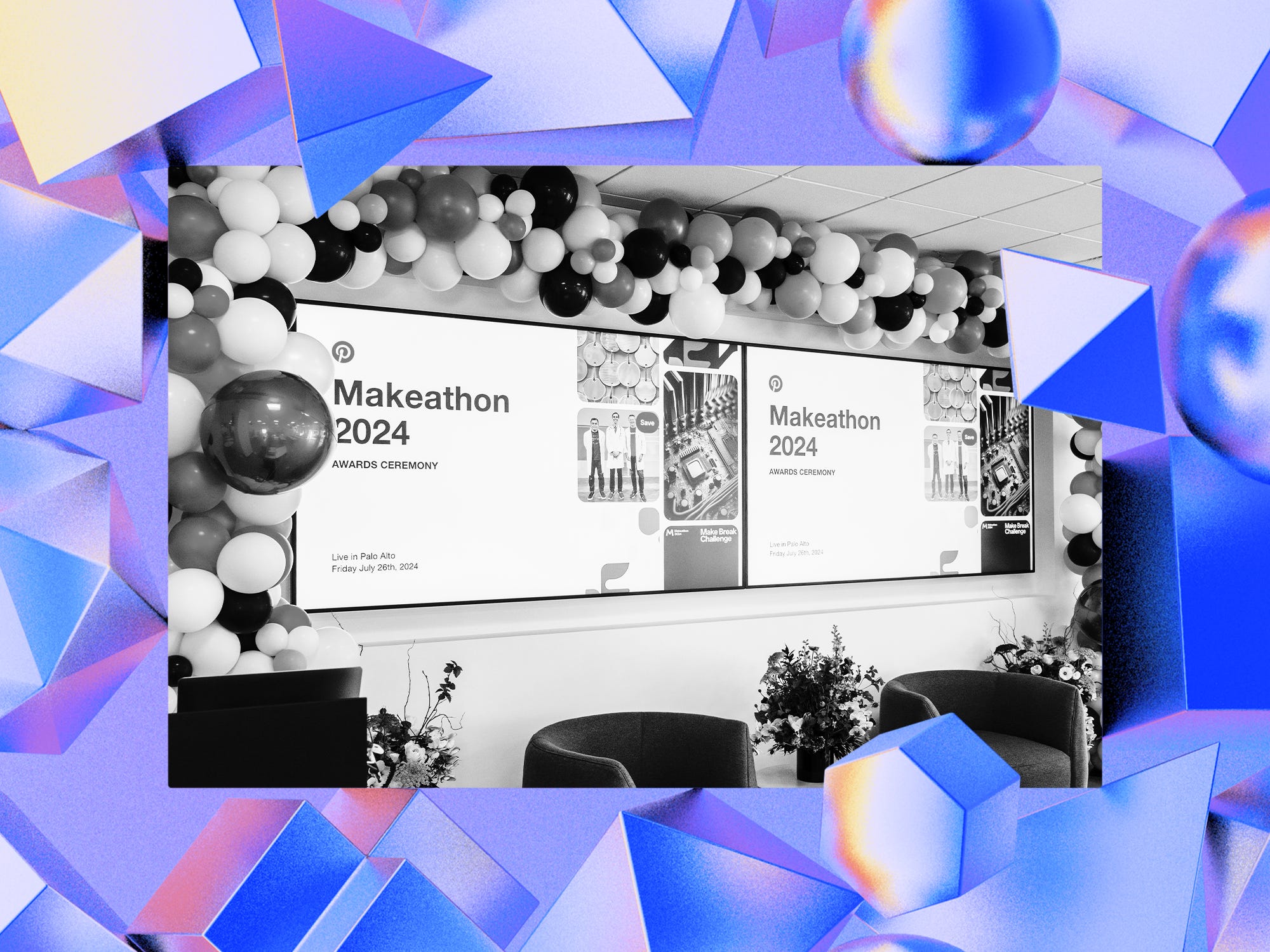 A black-and-white photo of two screens showing a Pinterest logo and the text "Makeathon 2024 Awards Ceremony." The photo is surrounded by purple geometric shapes.
