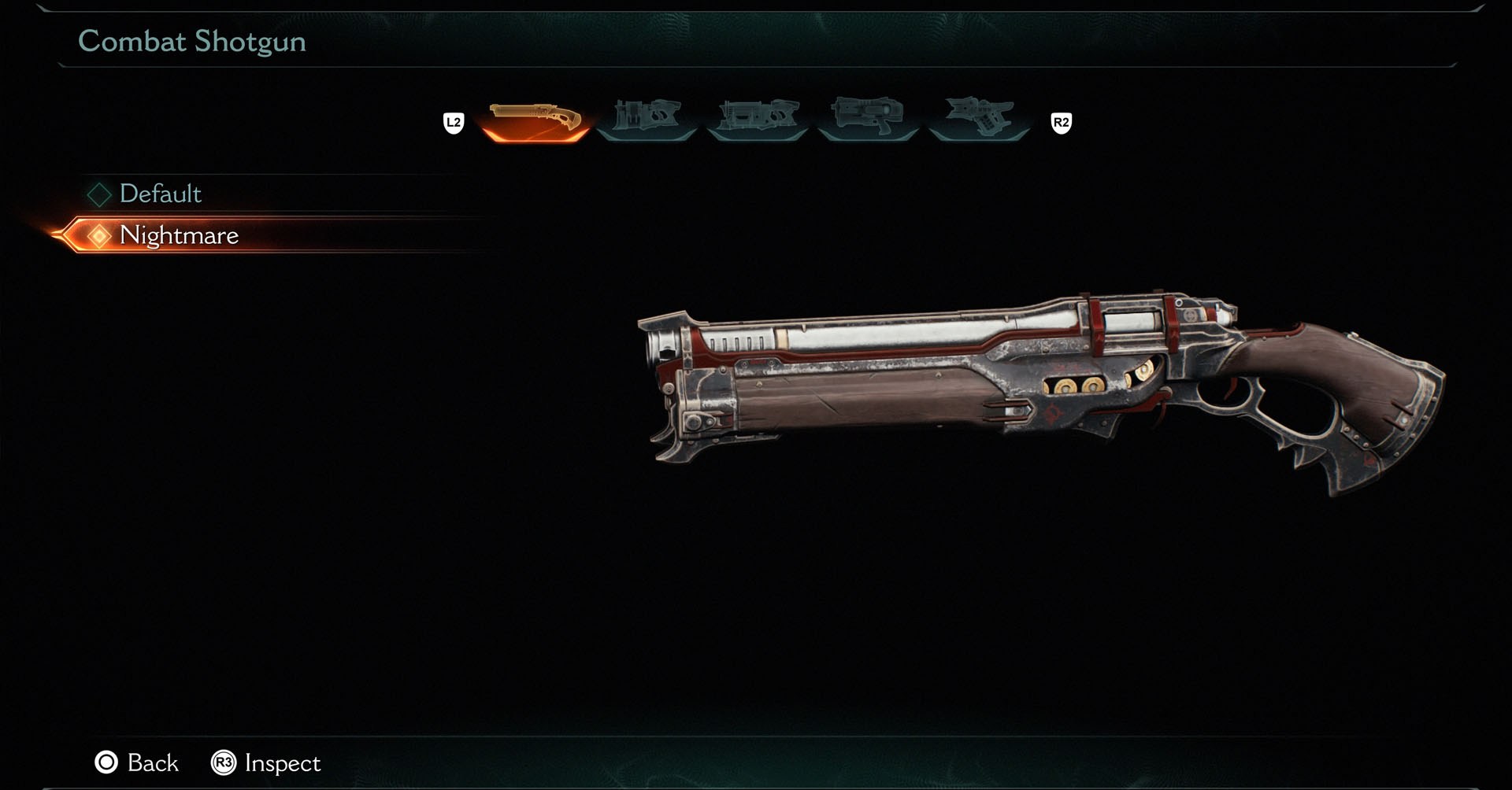The Nightmare skin for the Combat Shotgun, which has some details in red and brown in Doom: The Dark Ages