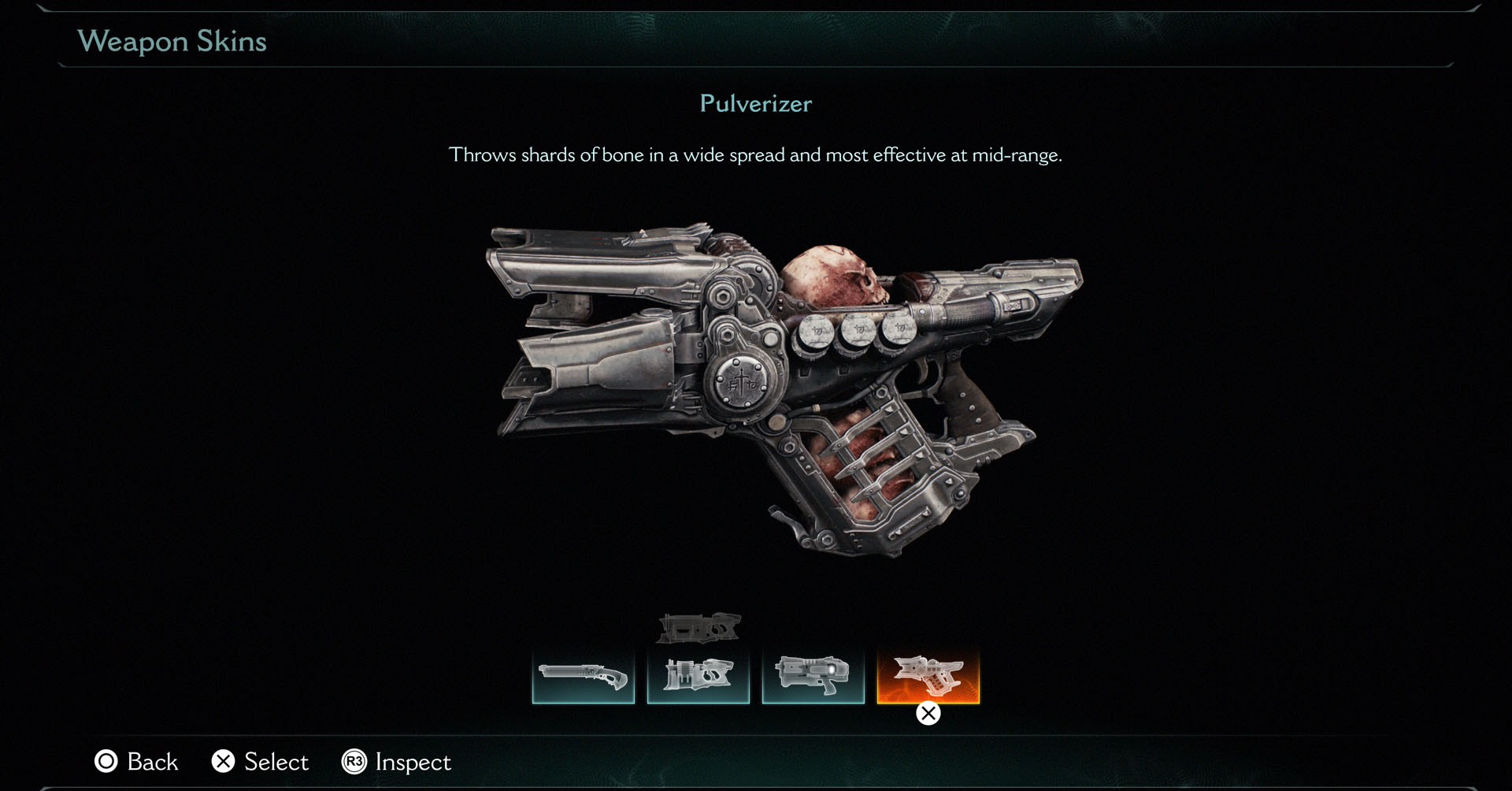 A screen showing the basic version of the Pulverizer, one of the guns you get in Doom: The Dark Ages. It has a skull in a compartment where the bones are crushed to be used as ammo.