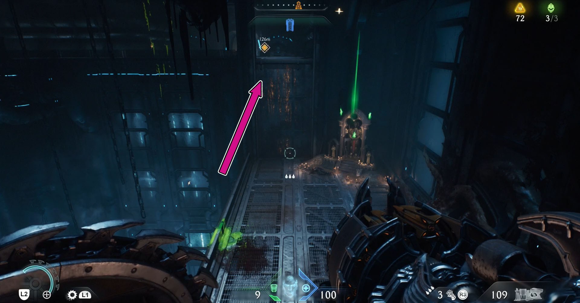 A screenshot showing a segment of a wall with yellow marks which you can climb beside a shrine with emitting a green light.