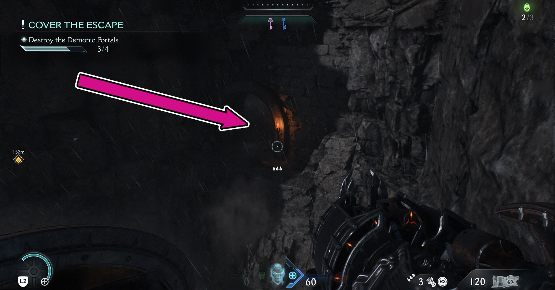 An imagem showing an entrance in a cliff. Inside, you can find the Combat Shotgun Nightmare skin in Doom: The Dark Ages.