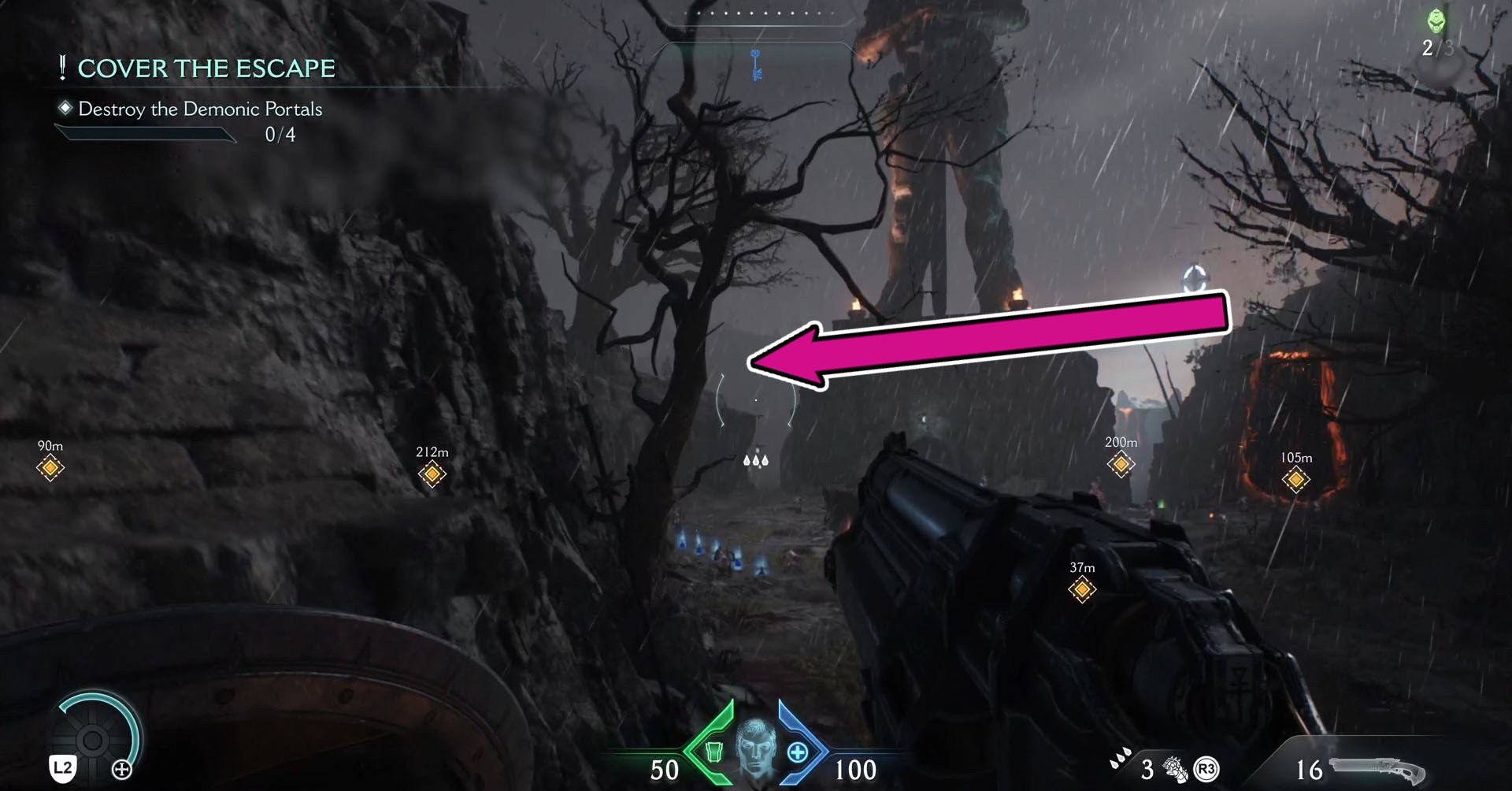 There is a giant statue holding a sword in the middle of the screen, a pink arrow pointing left, direction which you must follow to find the Combat Shotgun Nightmare skin in Doom: The Dark Ages.