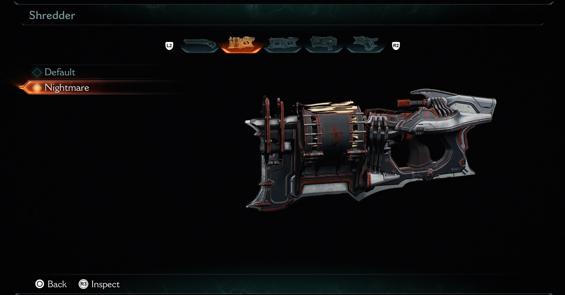 The Shredder Nightmare skin in Doom: The Dark Ages. This is a machine gun-like weapon with details and sigils in red. Most parts are painted in dark gray and light gray. 