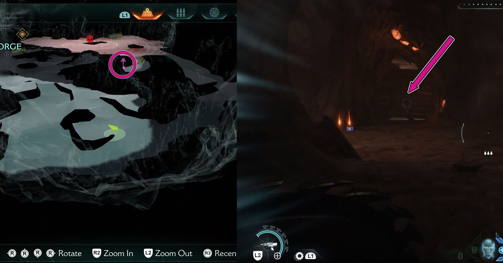 The image shows part of Doom: The Dark Ages Chapter 9 map with a pink circle showing where the Purple Key is located. Beside it, there is a picture of where breakable wall. Players should go through it to find the key.