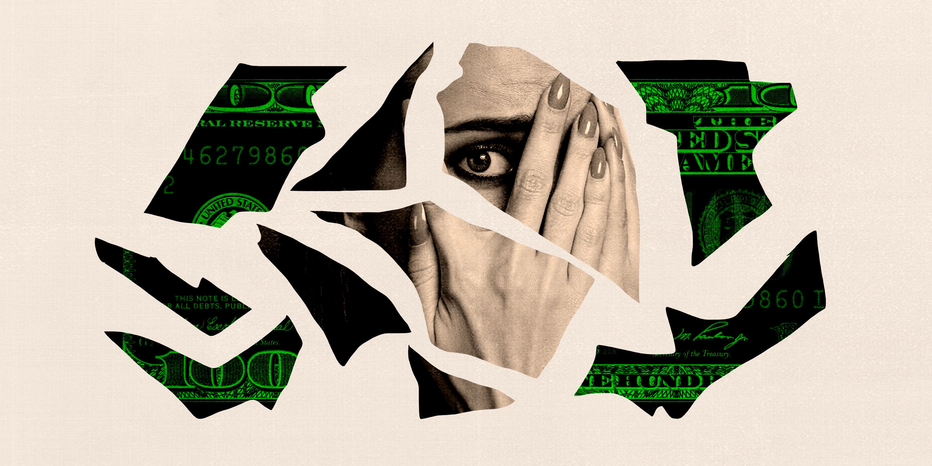 Woman afraid with money around her.