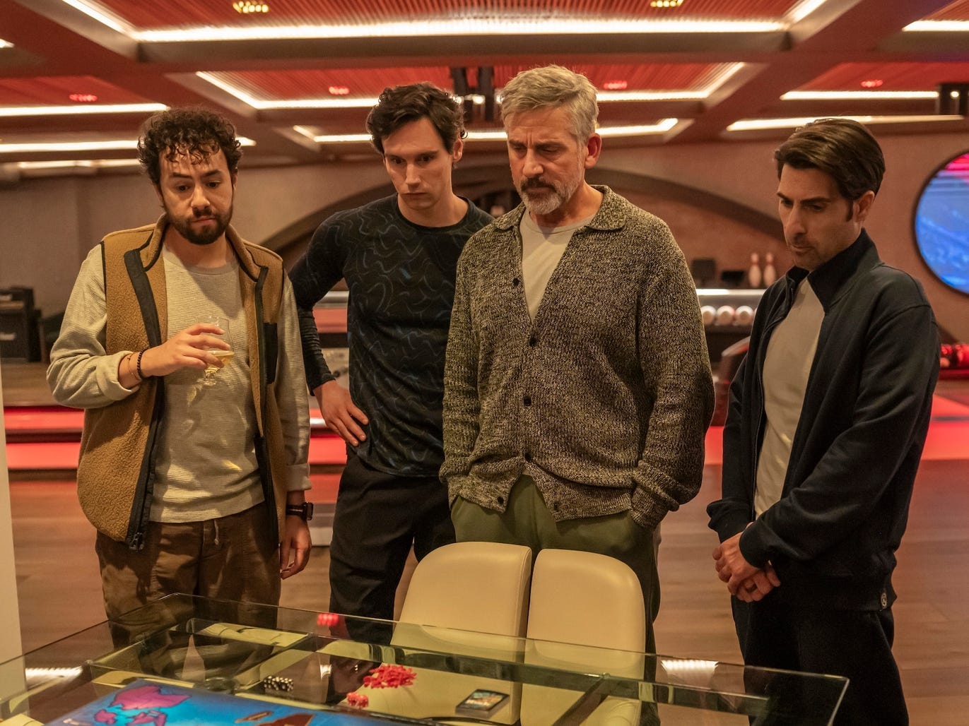 Ramy Youssef, Cory Michael Smith, Steve Carell, Jason Schwartzman in "Mountainhead."