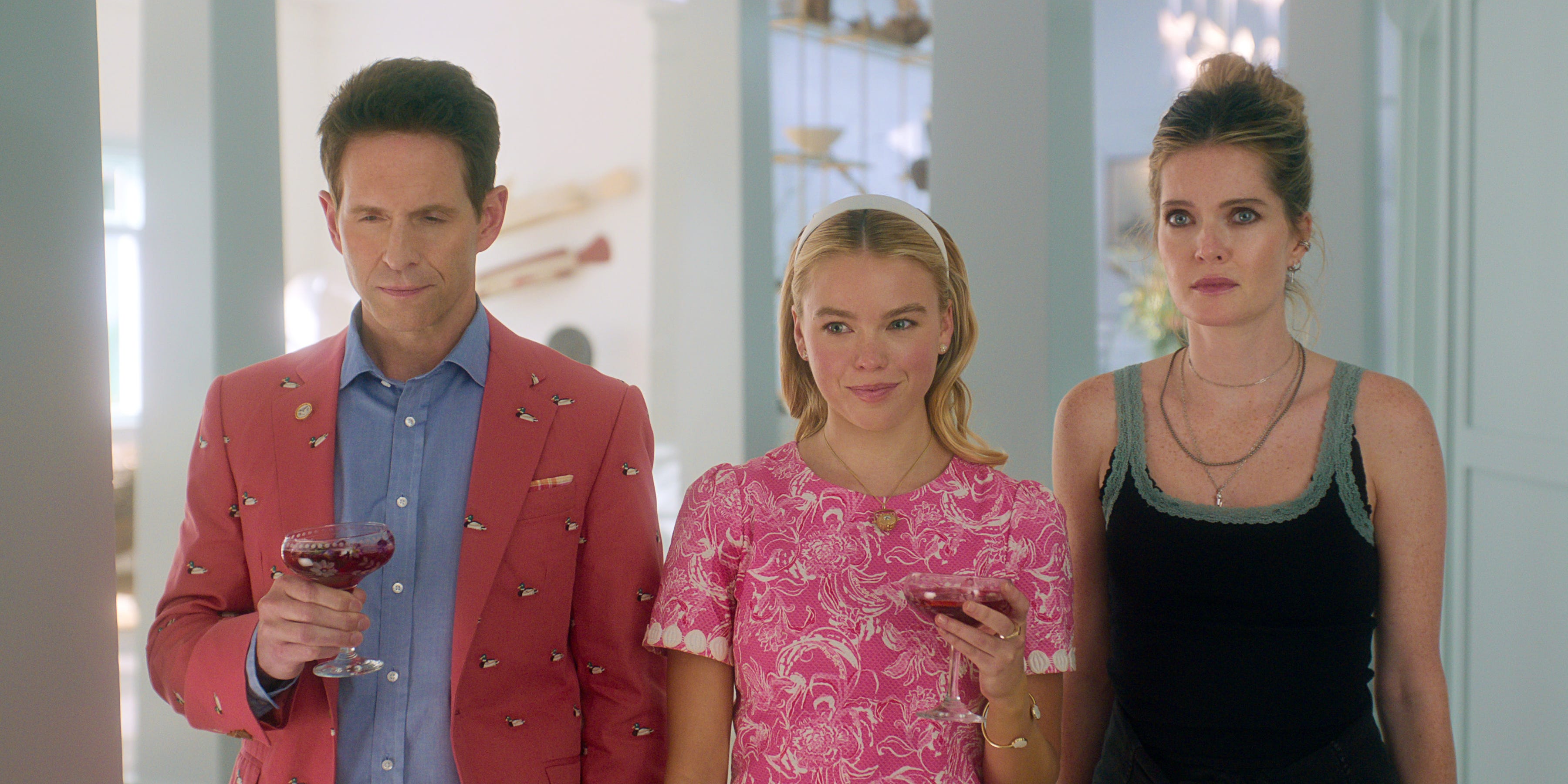 Glenn Howerton as Ethan, Milly Alcock as Simone, and Meghann Fahy as Devon in "Sirens."