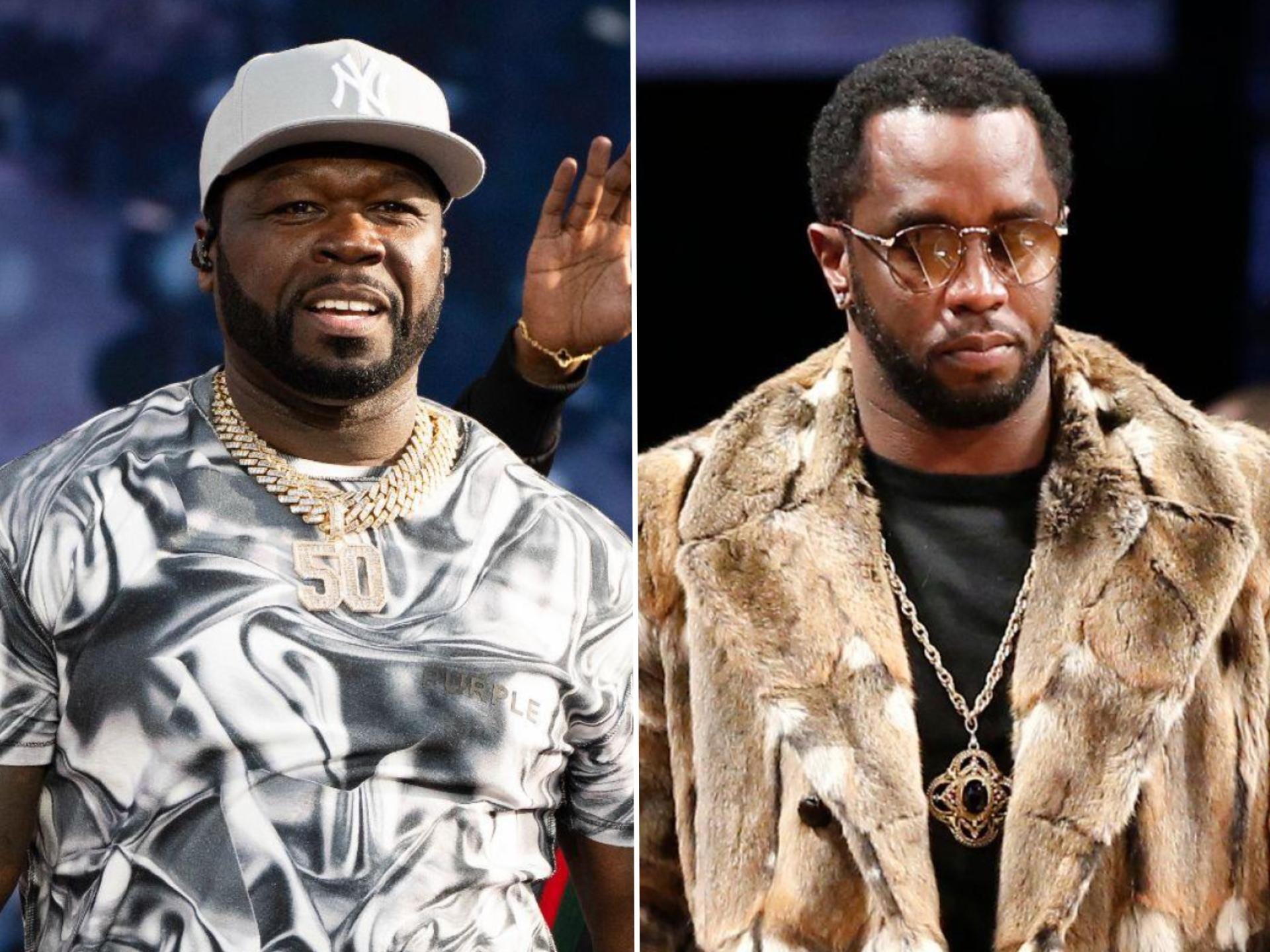 This is a split image of two Black men. On the left, the man is wearing a gray New York Yankees cap. He has a black beard and is wearing a large gold chain around his neck with a diamond