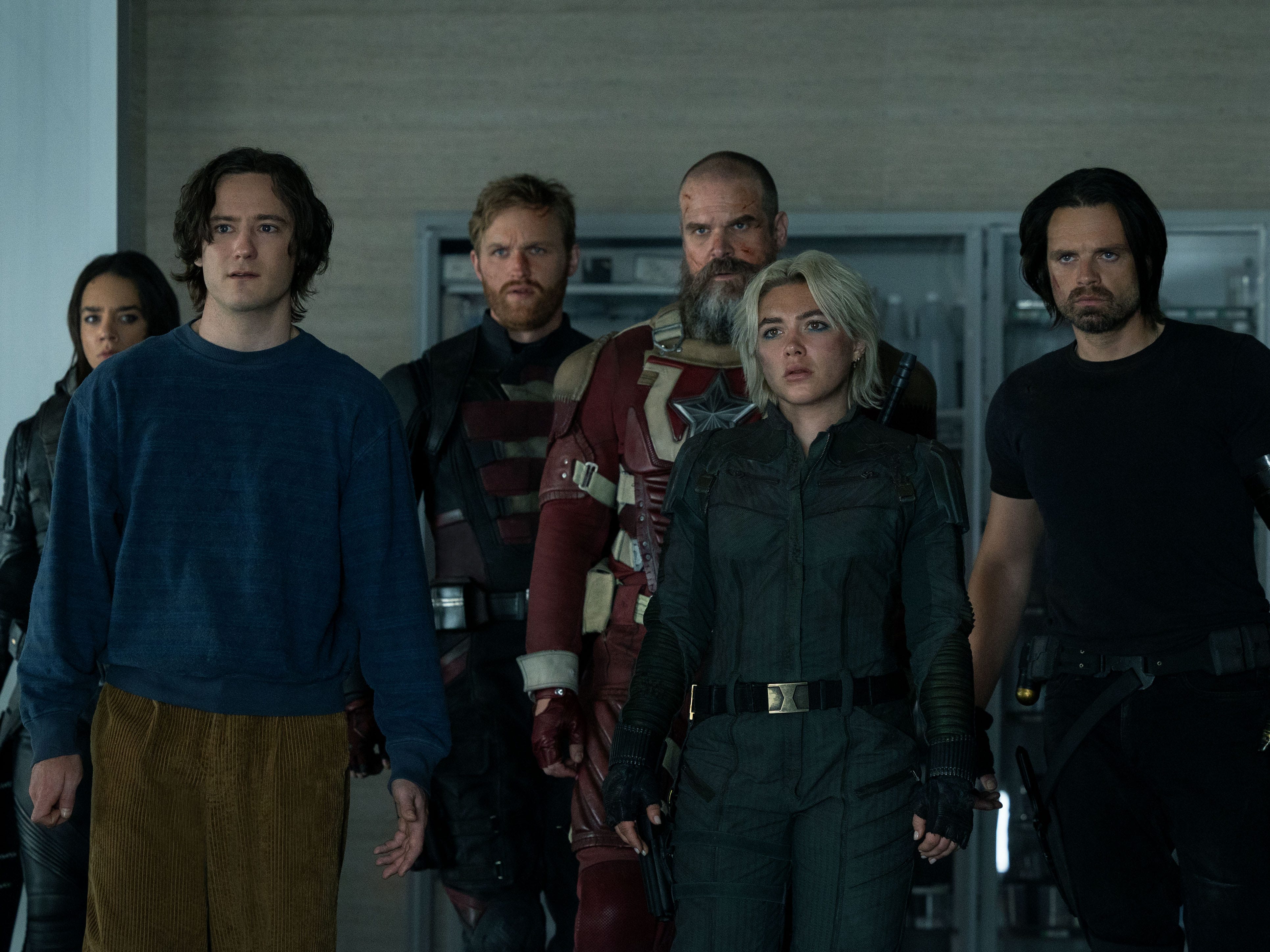 Hannah John-Kamen as Ava Starr/Ghost, Lewis Pullman as Bob, Wyatt Russell as John Walker, David Harbour as Alexei Shostakov/Red Guardian, Florence Pugh as Yelena Belova, and Sebastian Stan as Bucky Barnes in "Thunderbolts*."