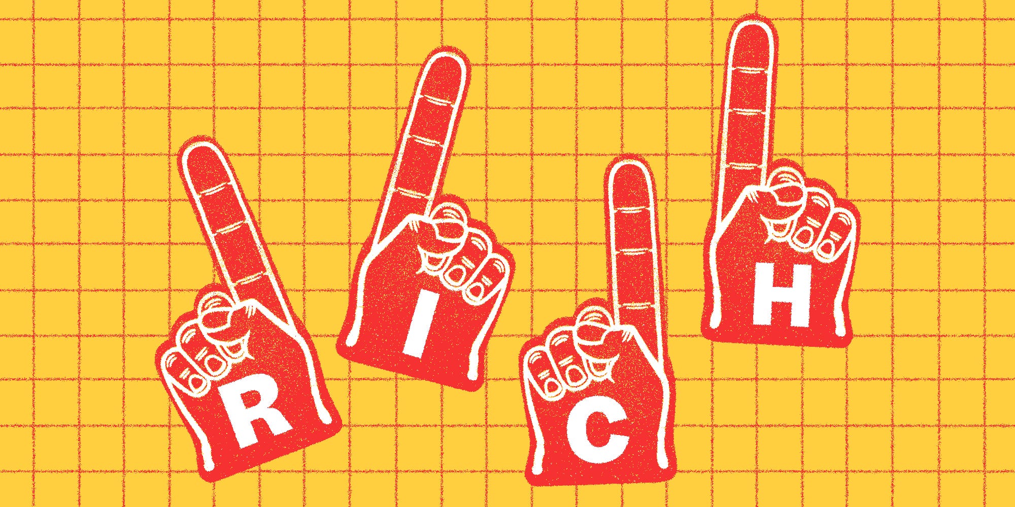 Foam fingers spelling out "Rich" on a line graph