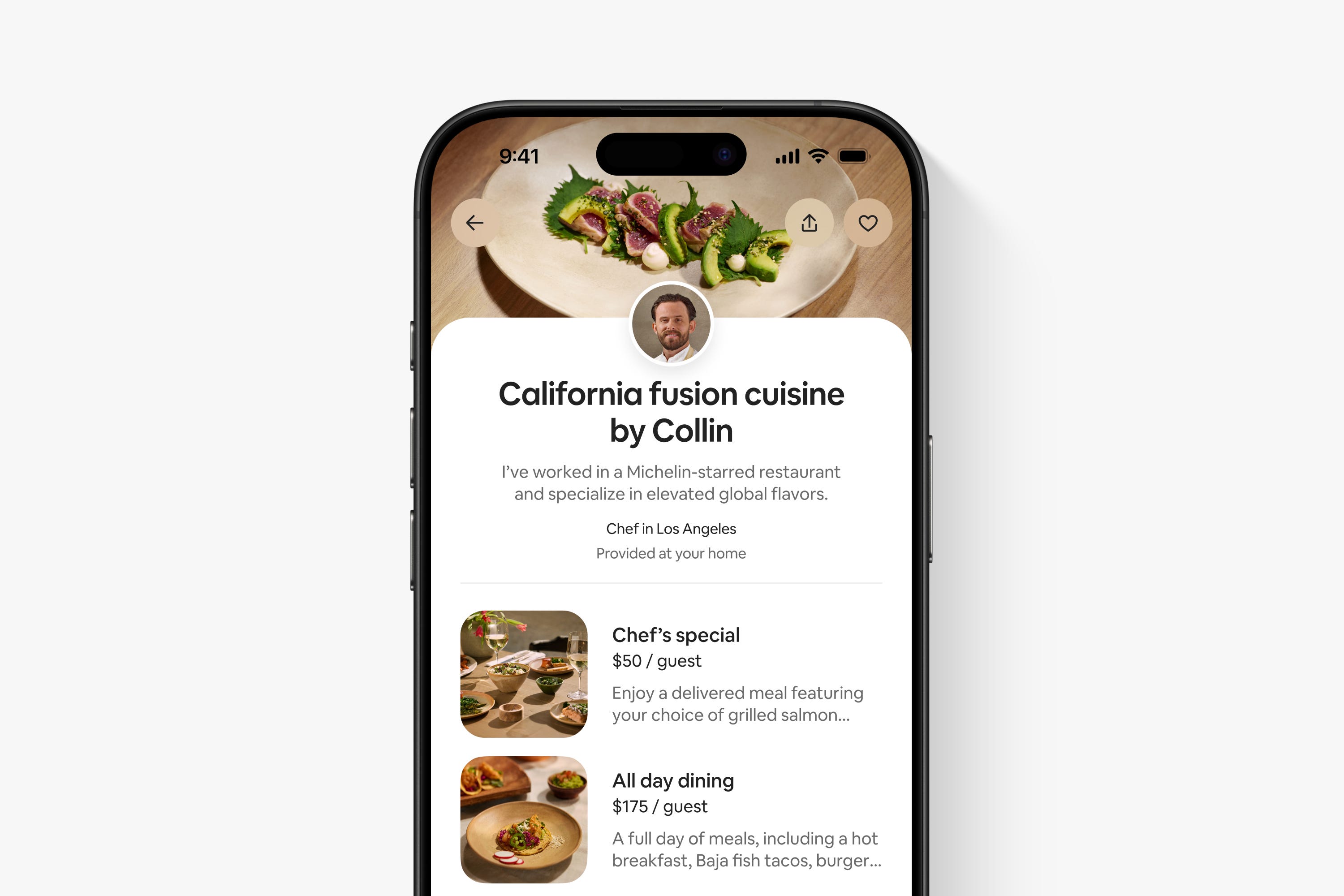 Airbnb app showing "California fusion cuisine by Collin" and a headshot of chef