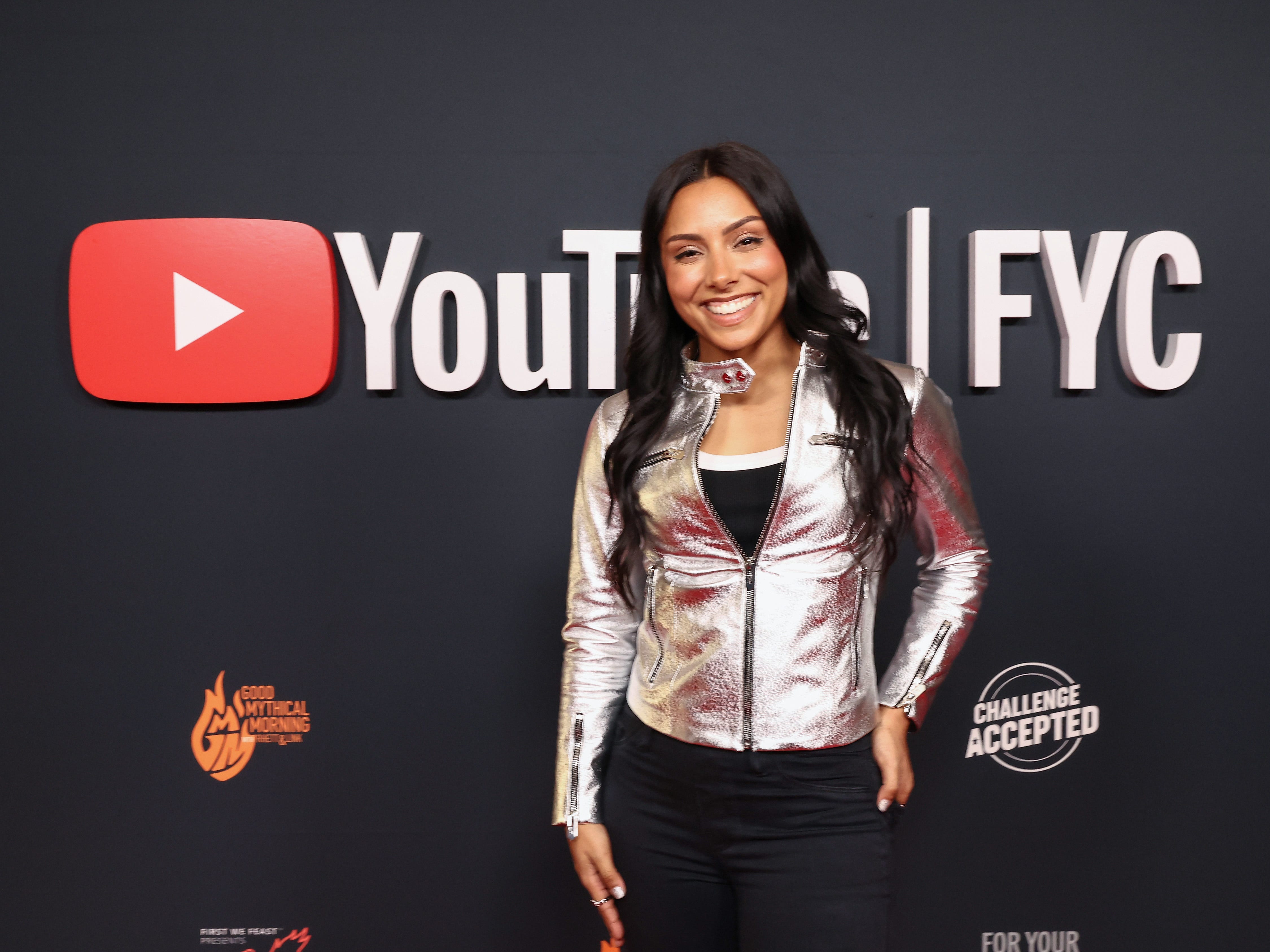 Michelle Khare at YouTube's first-ever FYC event, wearing a silver motorcycle jacket.
