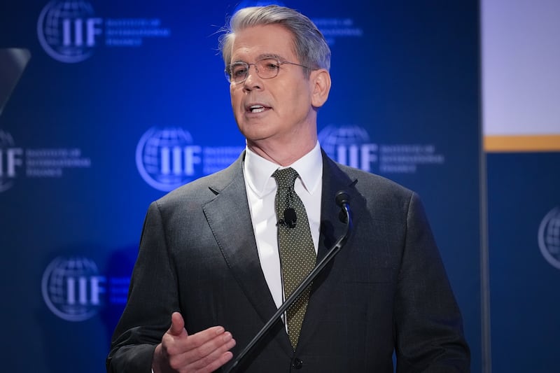 Treasury Secretary Scott Bessent delivers remarks during the International Finance Institute Global Outlook Forum at the Willard InterContinental Washington. He said that America first "does not mean America alone."