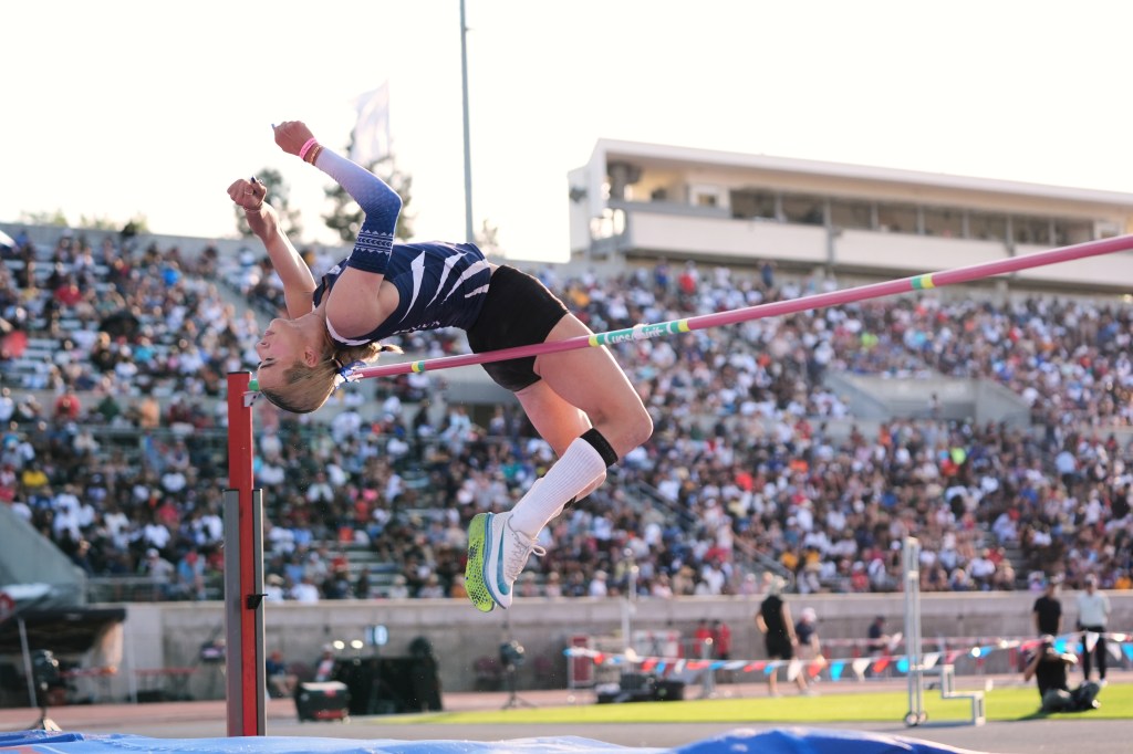 Jurupa Valley High School junior AB Hernandez competes in the girls' high jump at the California high school track & field championships in Clovis, Calif. on May 31, 2025.