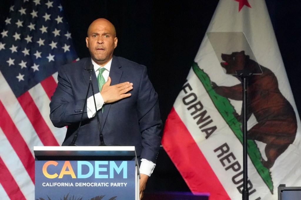 Sen. Cory Booker speaks at the California Democratic Party's 2025 State Convention at the Anaheim Convention Center in Anaheim, Calf. on May 31, 2025.