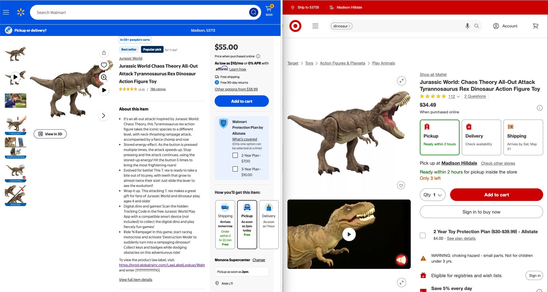 Prices of a Jurassic World T. Rex toy on Walmart.com and Target.com as of Thursday, May 29.