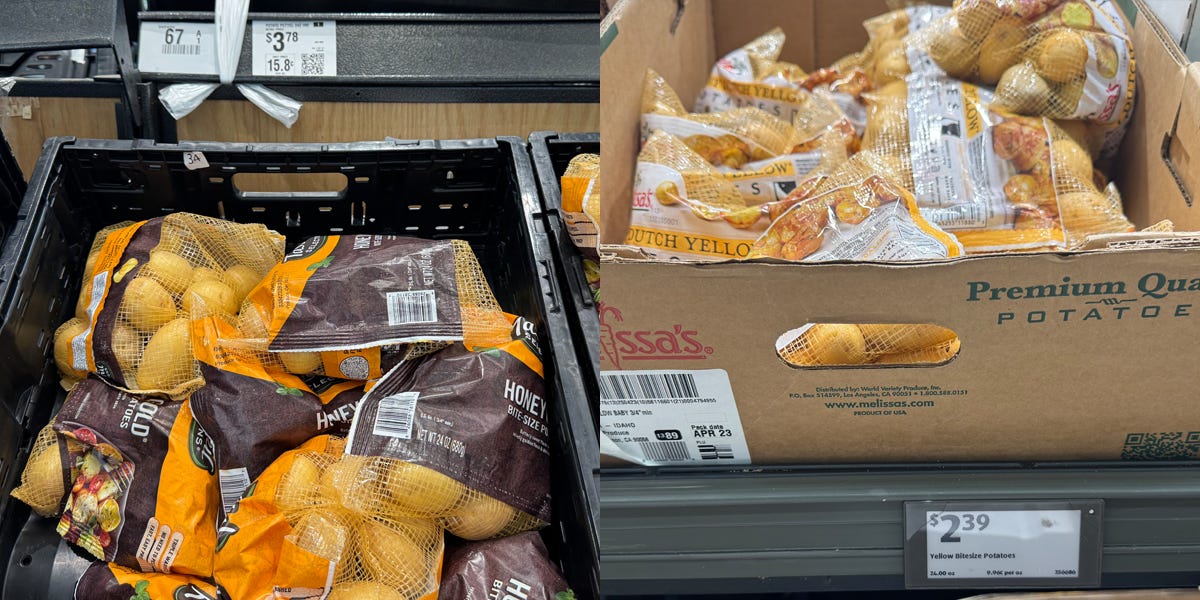 Composite of baby yellow potatoes in bin at Walmart next to image of box of baby yellow potatoes at Aldi