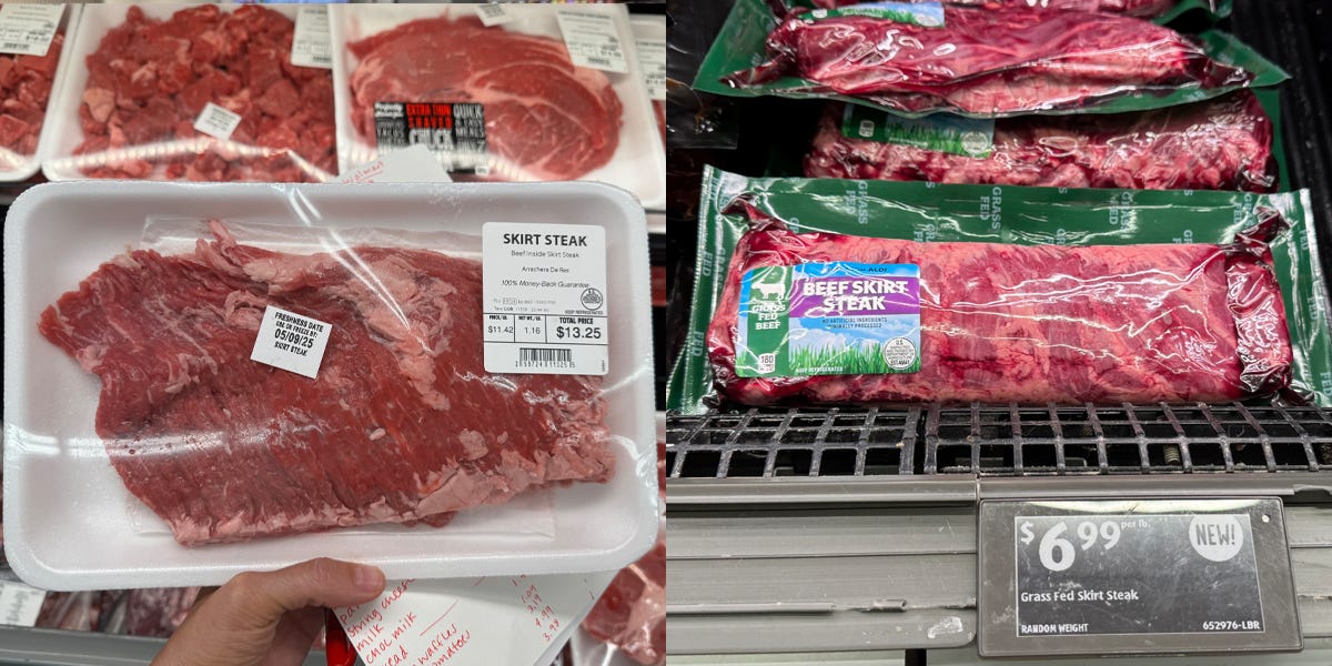 Composite of skirt steak at WAlmart next to skirt steak on Aldi shelf