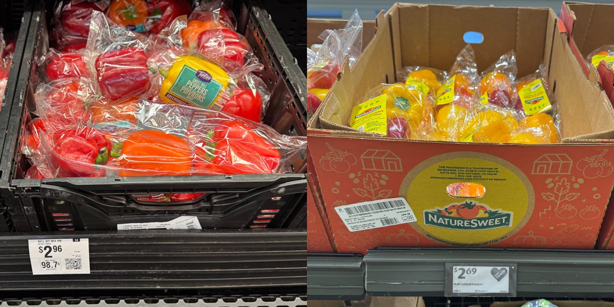 Composite of crate of bell peppers at Walmart for $2.96 next to image of box of peppers at Aldi for $2.69