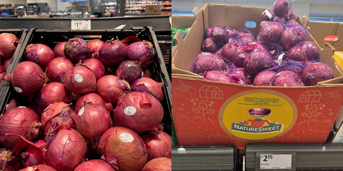 Composite of bin of red onions at Walmart and bags of red onions in box at Aldi