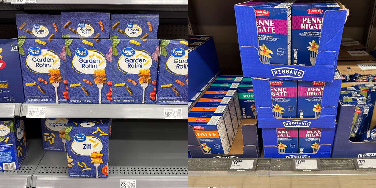 Great Value pasta on shelf next to image of Reggano pasta boxes on shelf