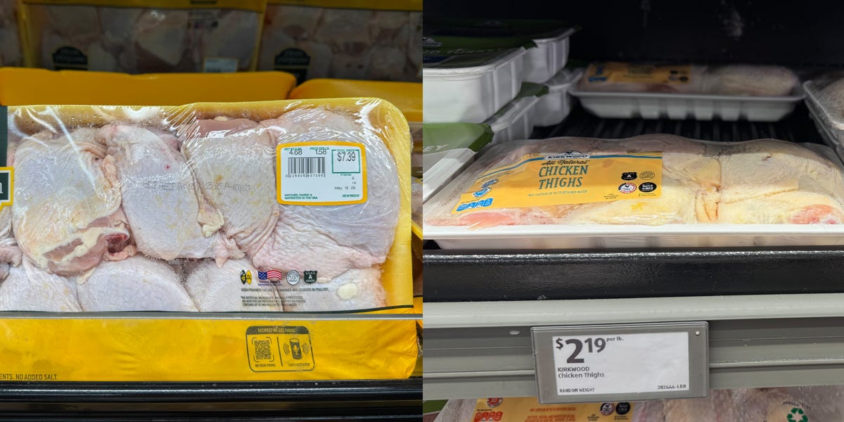 Composite of chicken thighs for $7.39 at Walmart next to pack of chicken thighs on shelf at Aldi for $2.19 a pound