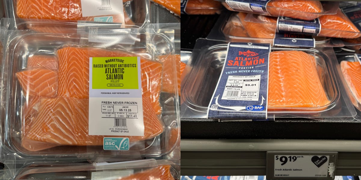 Composite of Atlantic salmon at Walmart next to Atlantic salmon at Aldi