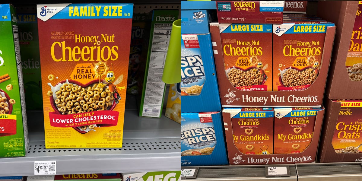 Composite of family-size Honey nut cheerios box on shelf at Walmart next to image of Honey nut cheerios boxes in large size at Aldi