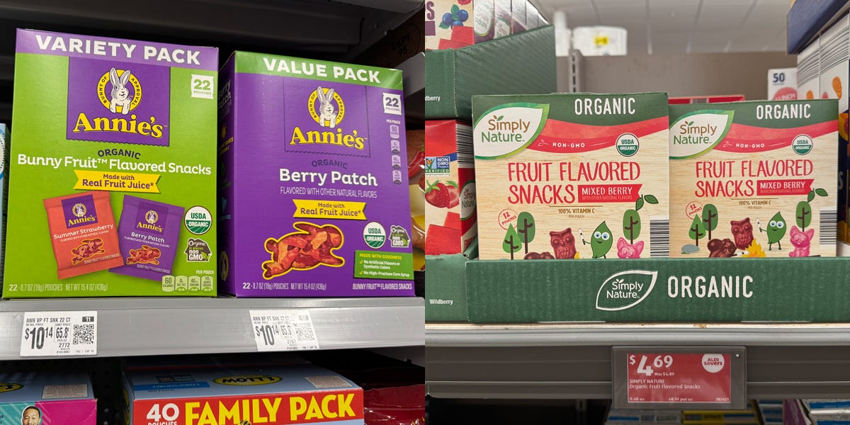 Composite of Annie's organic fruit snacks and Aldi Simply Nature fruit snacks
