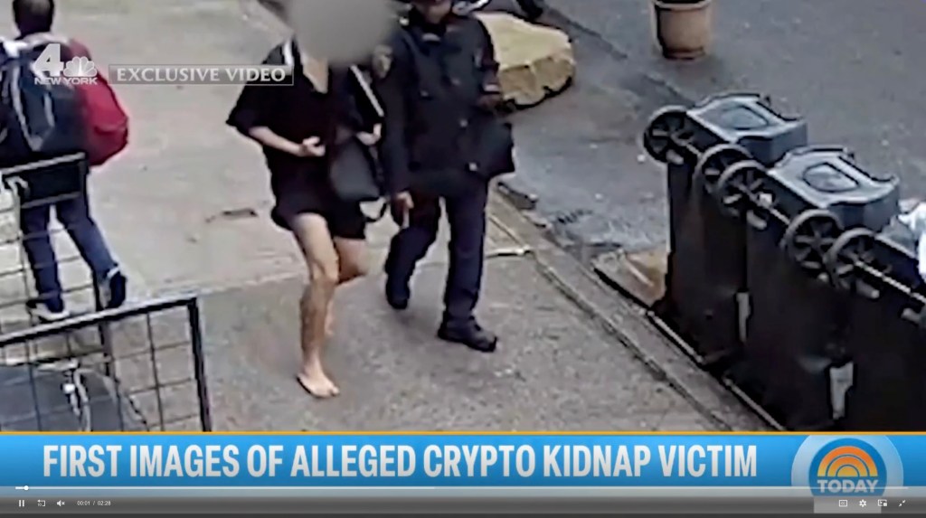 a surveillance image of the barefoot victim fleeing on the street