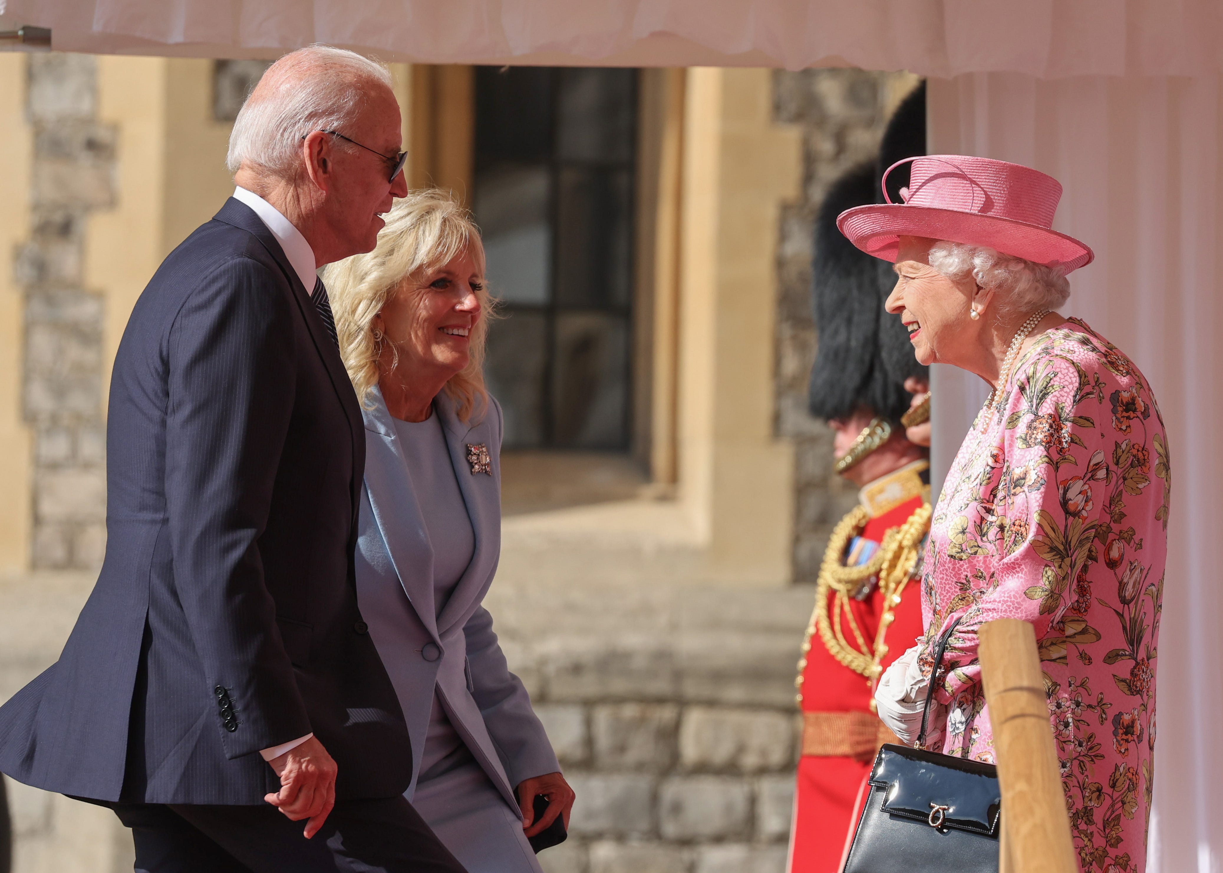 Former US president Joe Biden, Dr. Jill Biden, and Queen Elizabeth II at Windsor Castle in 2021.