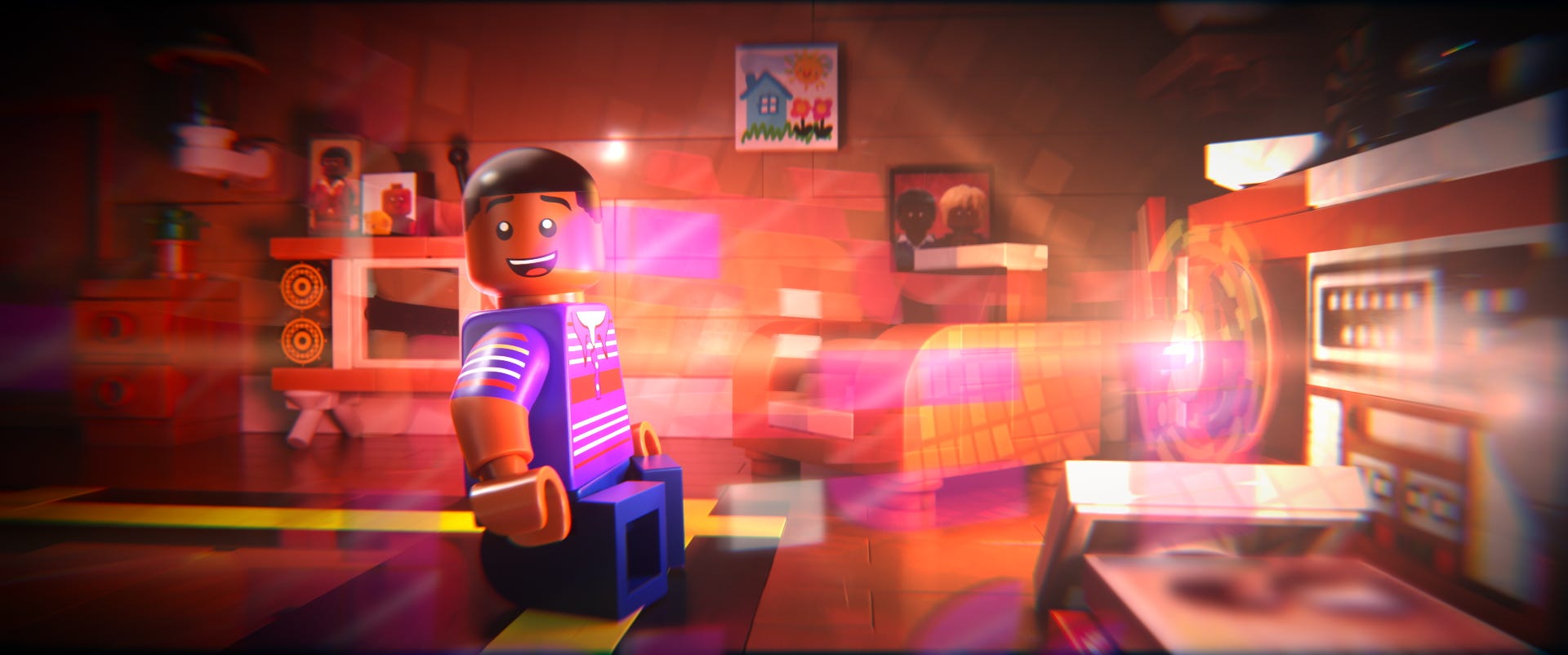 A still from "Piece by Piece" of a Lego piece in a dazzling room.