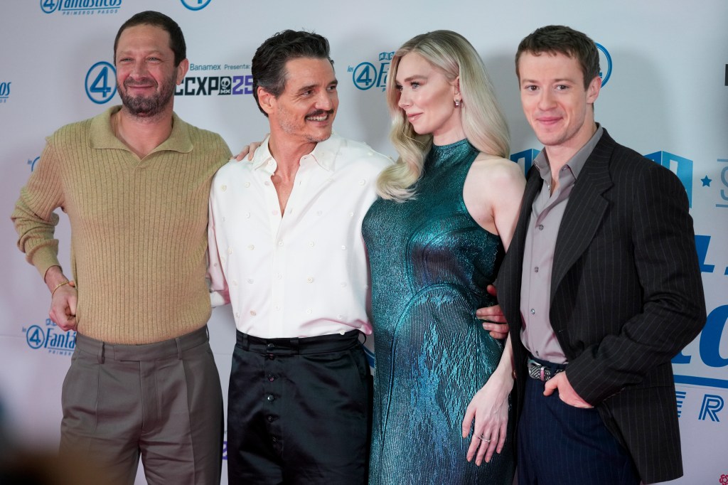 Ebon Moss-Bachrach, Pedro Pascal, Vanessa Kirby, and Joseph Quinn, attend a photocall for¨The Fantastic Four