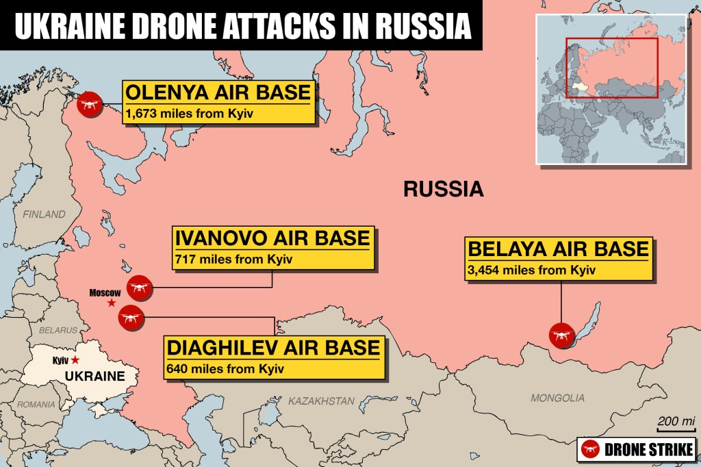 A map of Ukraine's strikes on Russian air bases.