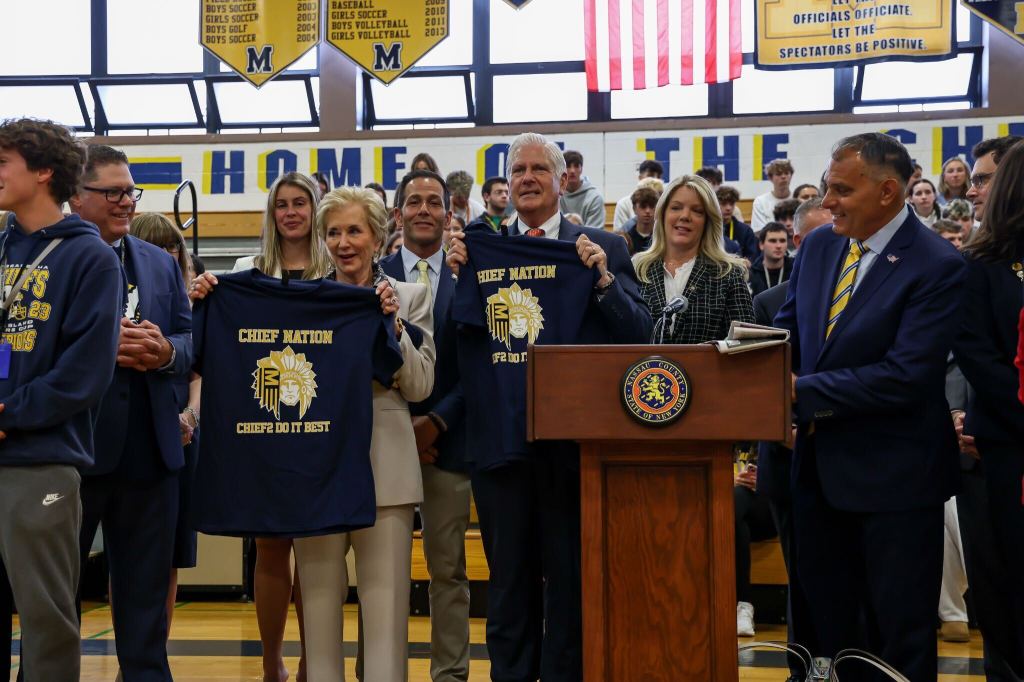 Secretary of Education Linda McMahon and Nassau County Executive Bruce Blakeman at a press conference at Massapequa High School on May 30, 2025.