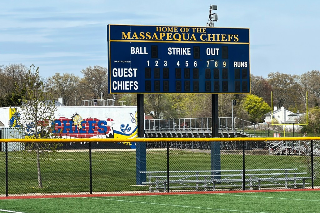 Chiefs signs and logos displayed at Massapequa High School in Massapequa, N.Y., on April 25, 2025.