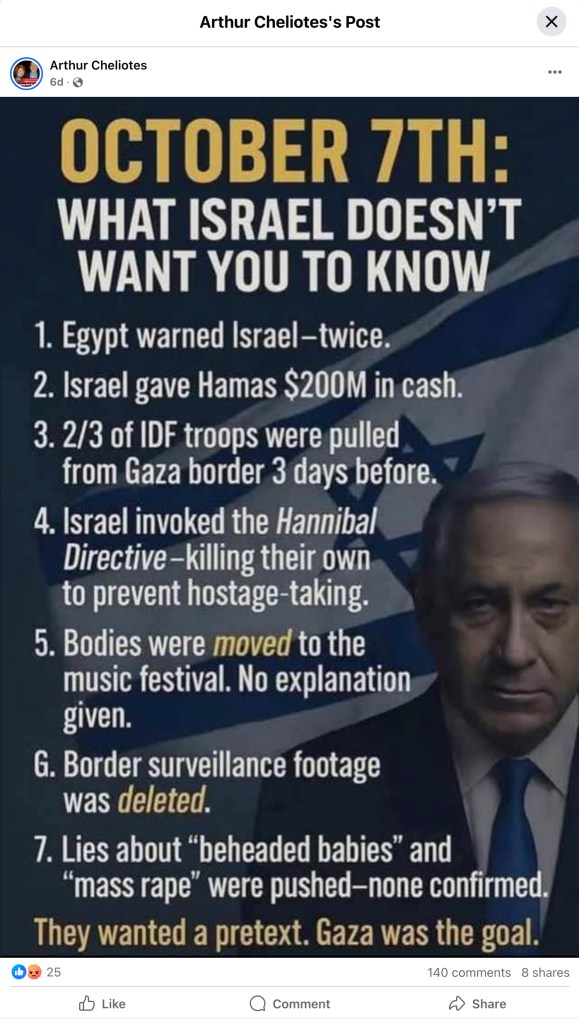 A post about the Oct. 7 attacks against Israel that Cheliotes shared online.