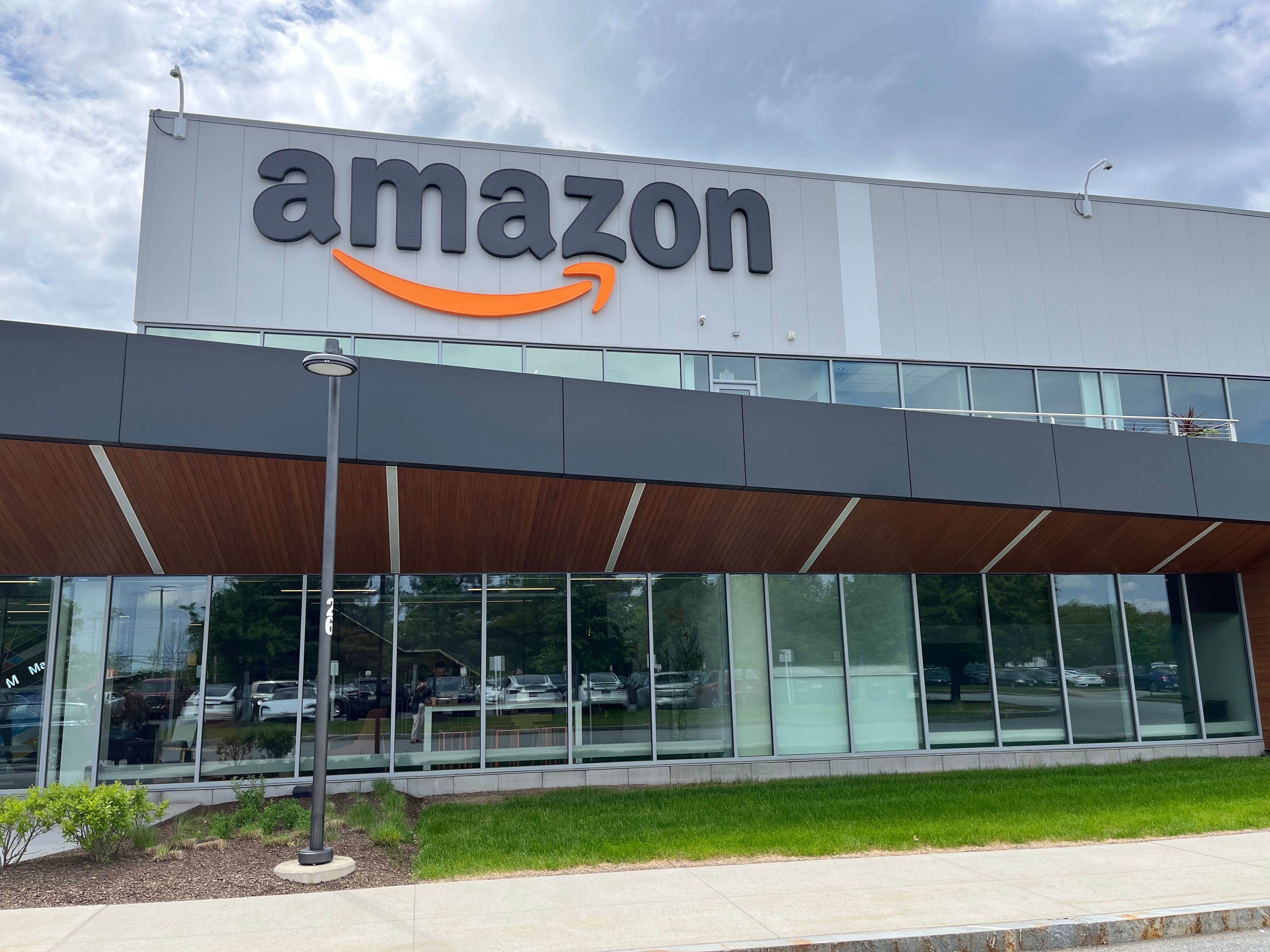 Amazon logo is seen outside company's Westborough robotics facility