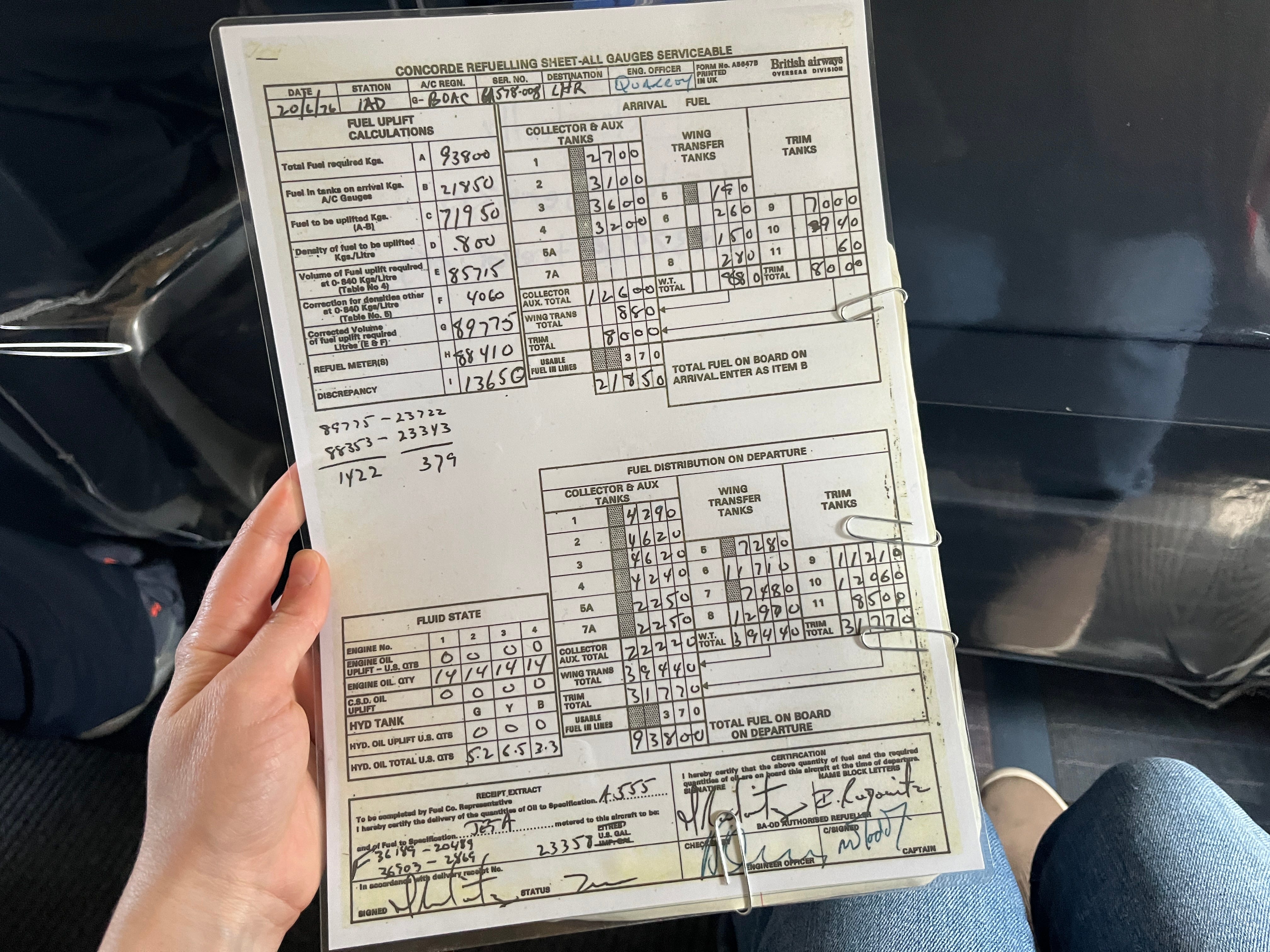 A refueling sheet from the Concorde.