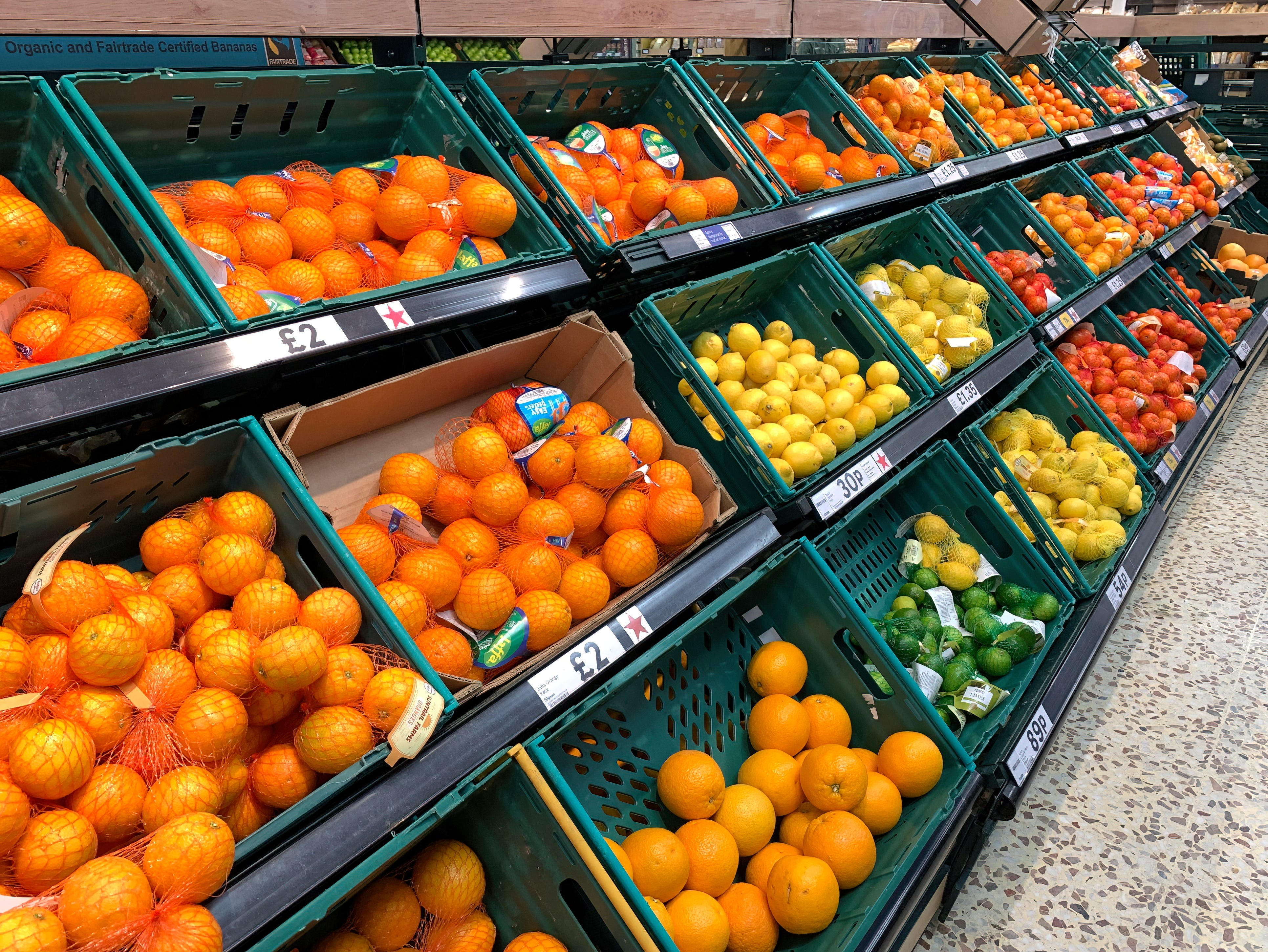 Fruits and produce from a grocery store in the UK.