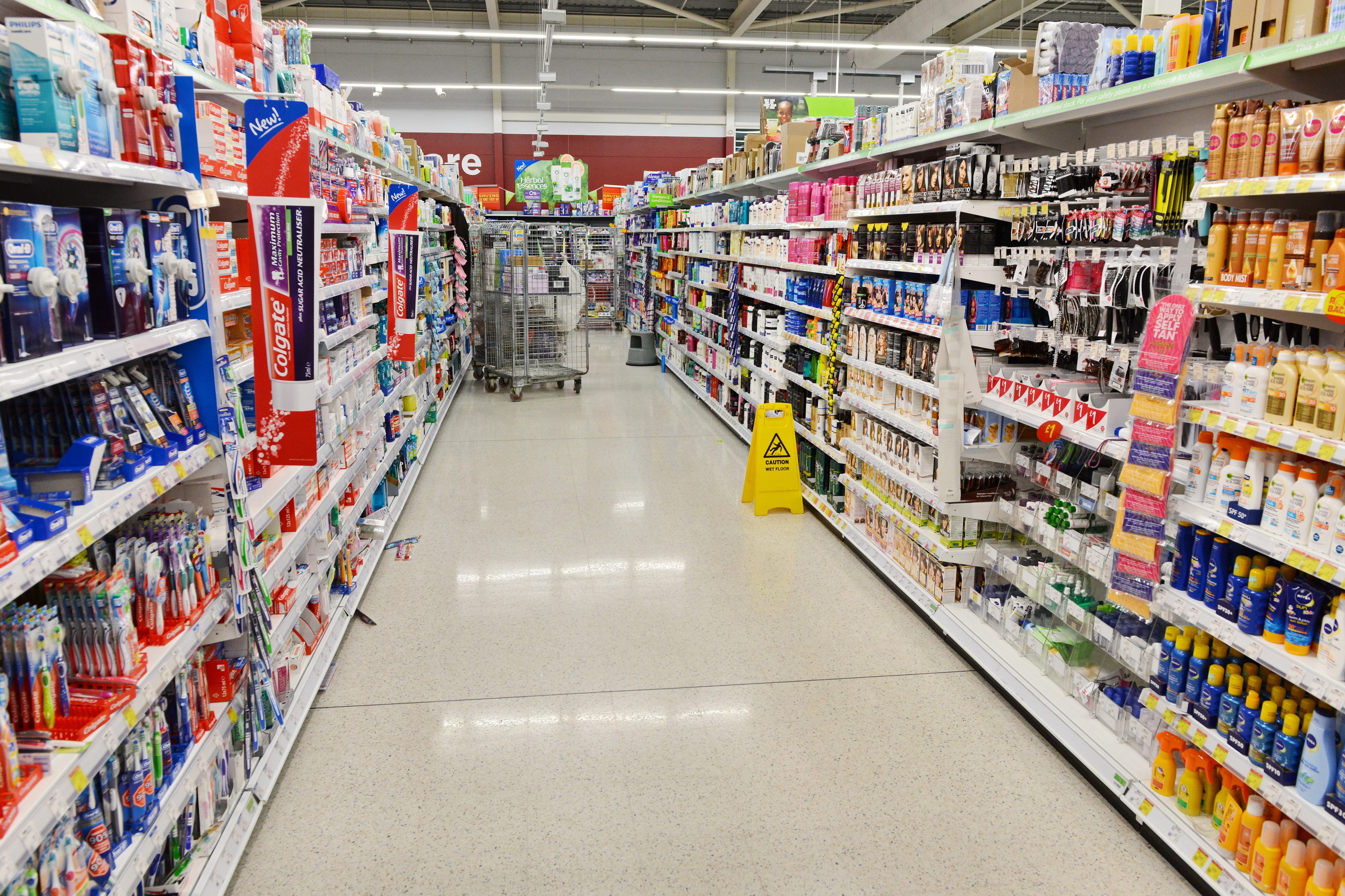 A drugstore aisle in the UK.