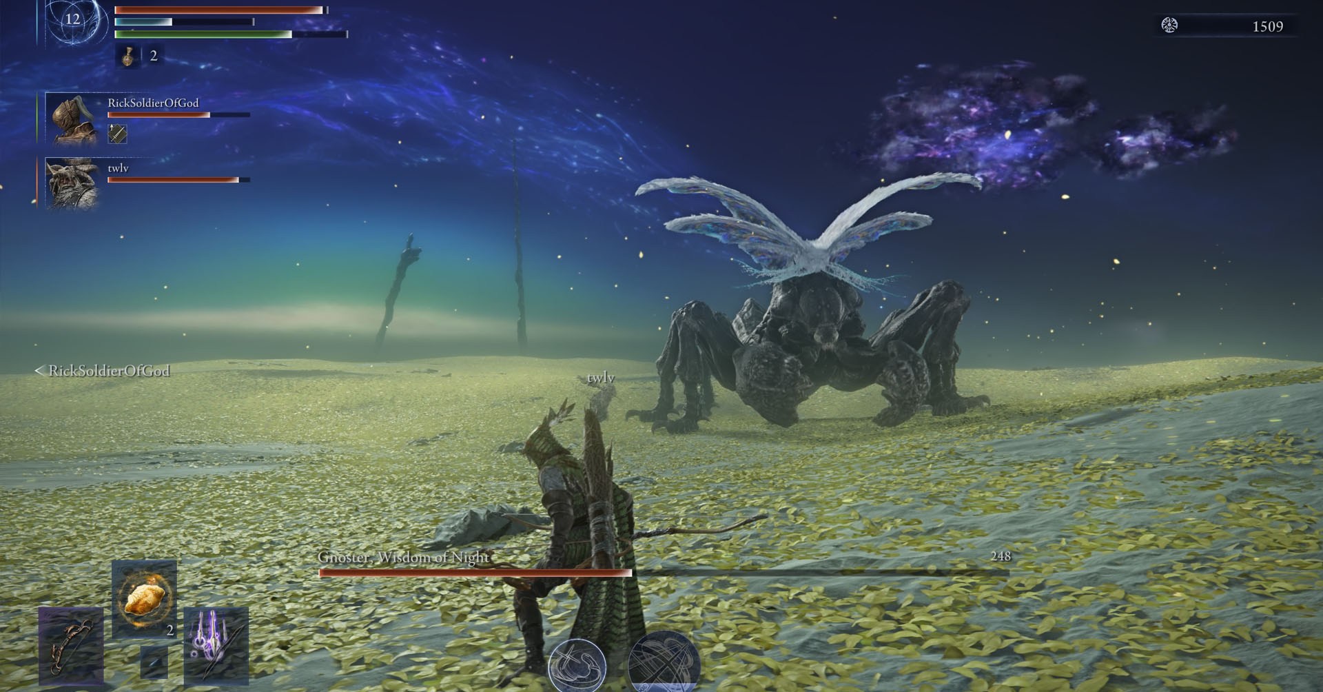 An Elden Ring Nightreign screenshot showing the Gnoest, Wisdom of Night Nightlord and the Ironeye character in front of it.