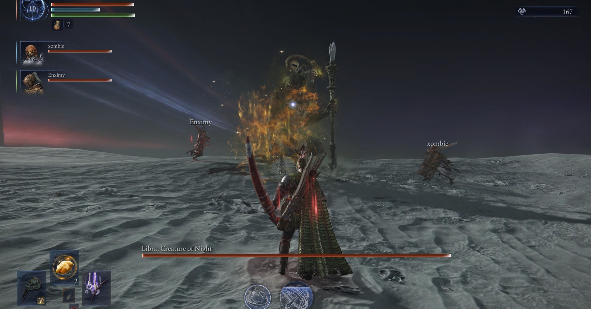 An Elden Ring Nightreign screenshot showing Libra, Creature of Night. This boss resembles a goat holding a staff and expelling yellow smoke from its body.