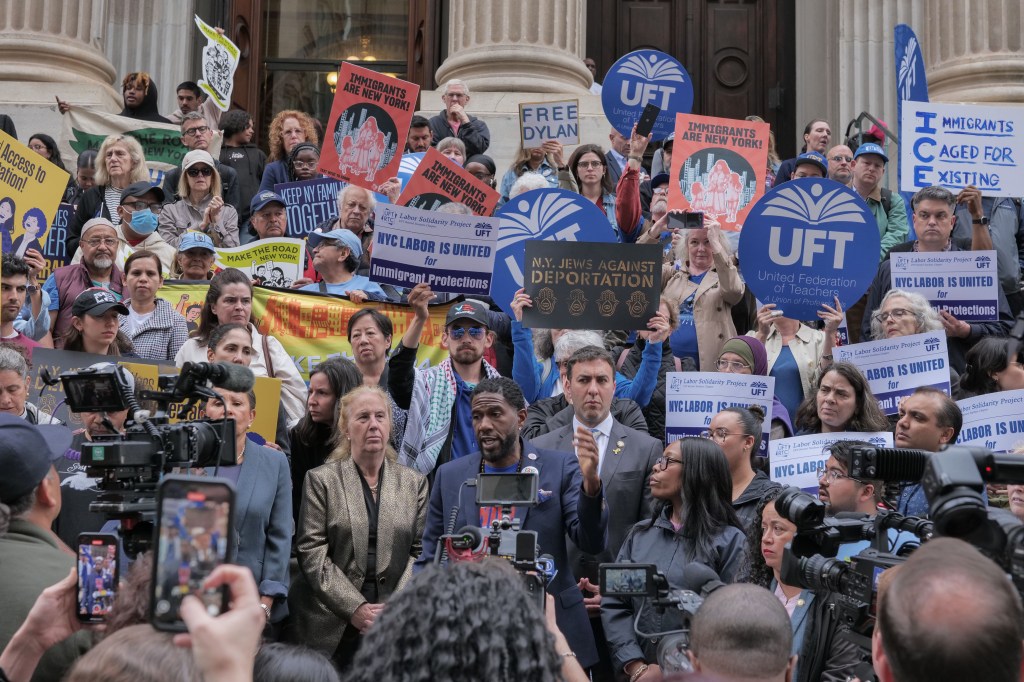 Rally by the NY Immigration Coalition, education advocates, elected officals, immigrant New Yorkers.on steps of Tweed Courthouse , Board of Ed headquarters, to demand the release of Dylan - A Bronx.high School student asylum seeker from Venezuela who was arrested and detained by ICE after.complying with the legal process and attending a regularly scheduled court hearing. 