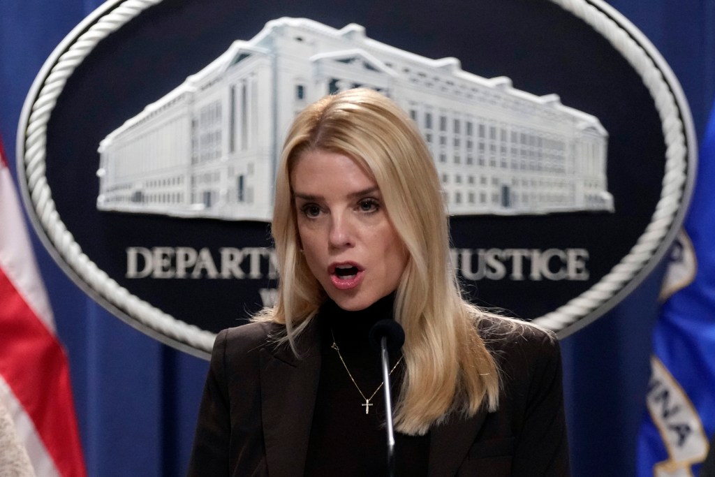 Attorney General Pam Bondi speaks at a news conference at the Justice Department, Feb. 12, 2025, in Washington.
