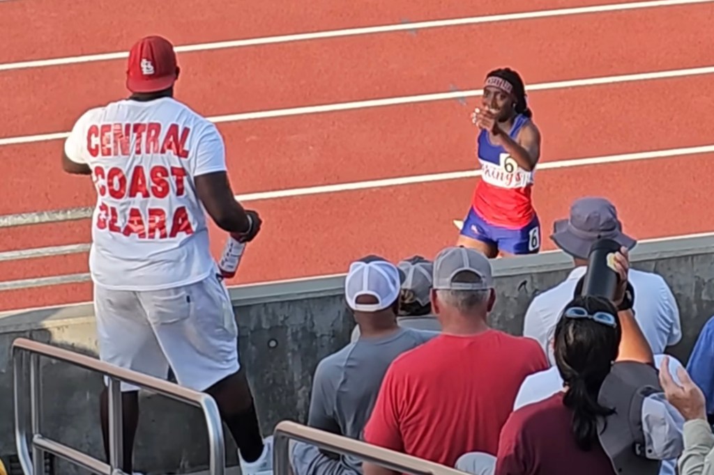 Her proud father, David, handed his daughter a fire extinguisher, and away from her competitors, she sprayed on her shoes as if they were on fire.